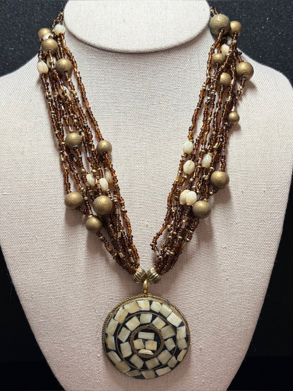 Boho Southwestern Multi Strand Beaded Mosaic Pendant Statement Necklace